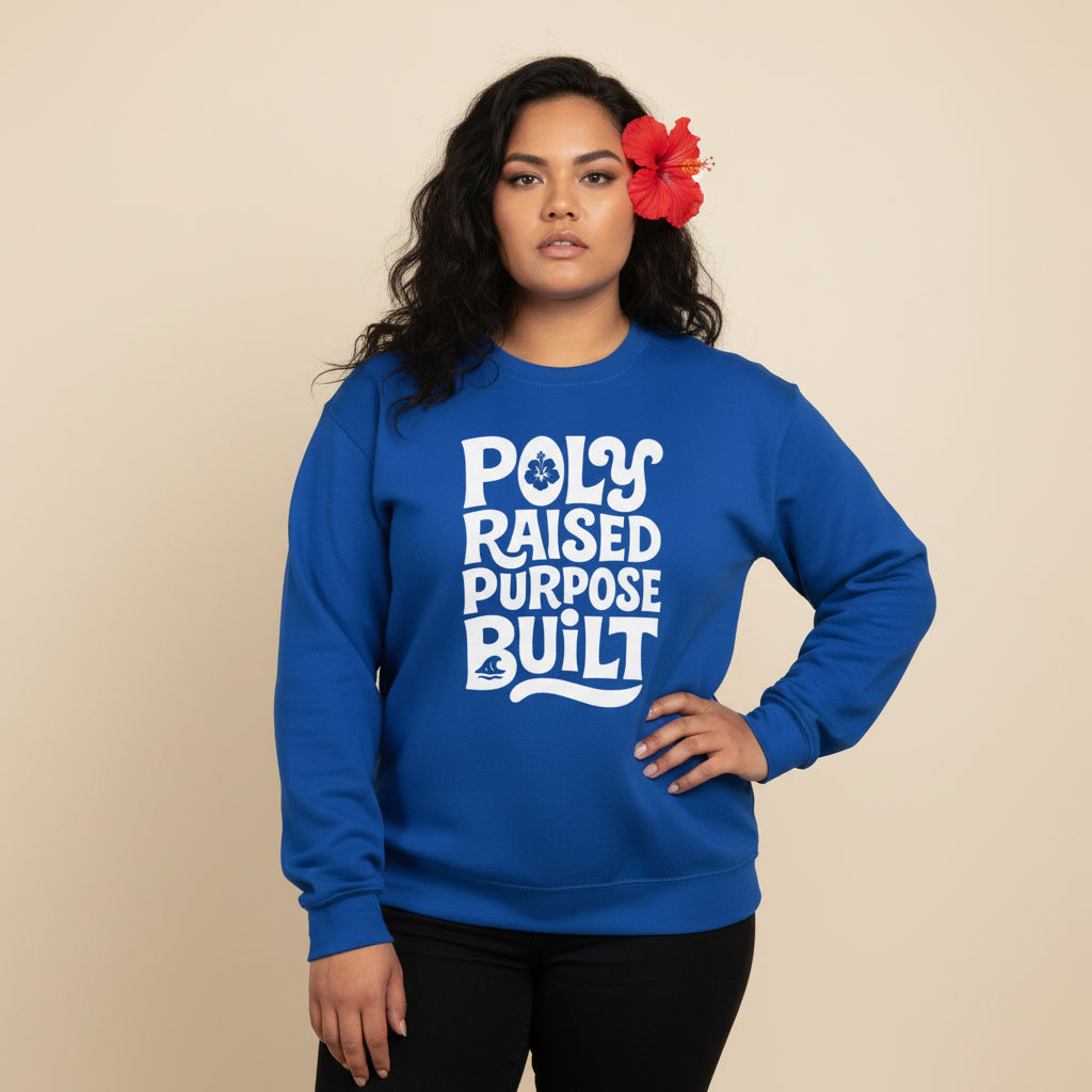 Unisex heavy sweatshirt in dark heather with poly raised personalized design, suitable for all genders.