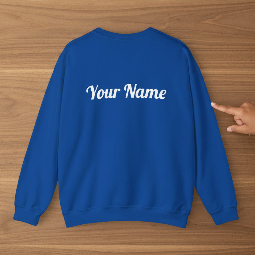 Unisex heavy sweatshirt in dark heather with poly-raised personalized design, suitable for casual wear.