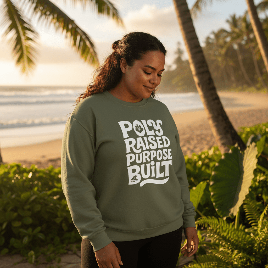 Unisex heavy Heather sweatshirt with raised poly design, personalized and made in the USA.