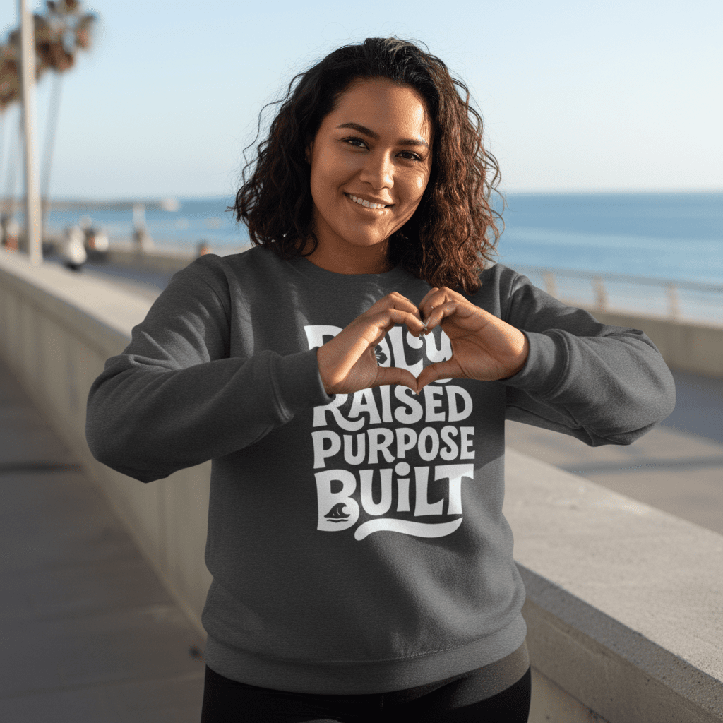Unisex heavy sweatshirt in dark heather with poly raised design, personalized USA logo, casual and warm.