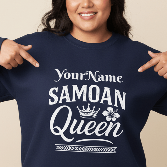 Unisex heavy sweatshirt featuring Samoan Queen design in dark heather, from The Print Bar, made for comfortable casual wear.