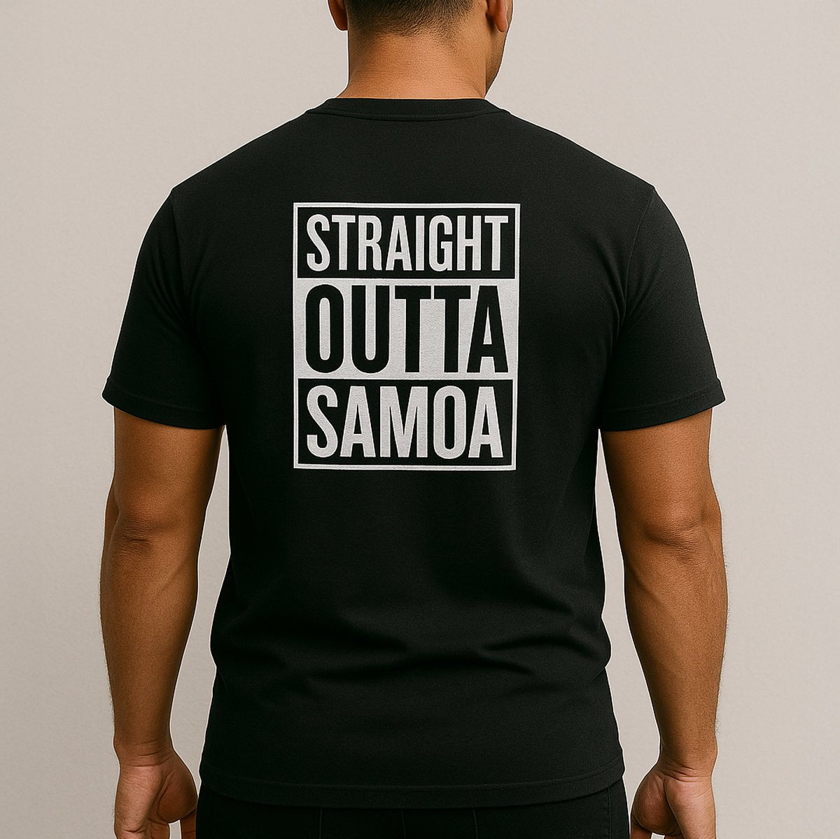 Black unisex heavy tee by The Print Bar featuring "Straight Outta Samoa" design, ideal for casual wear and bold style.