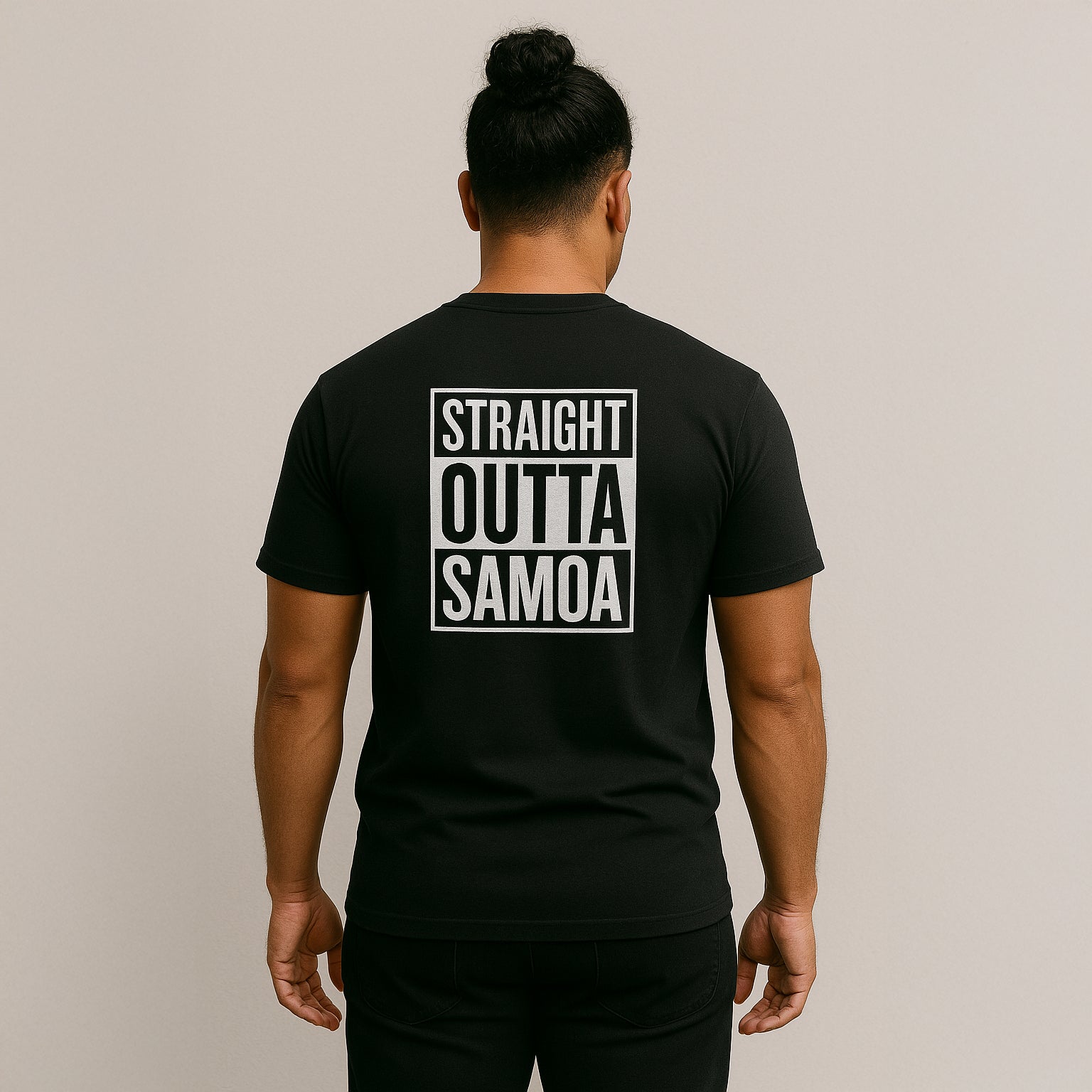 Black unisex heavy tee by The Print Bar featuring "Straight Outta Samoa" graphic design.