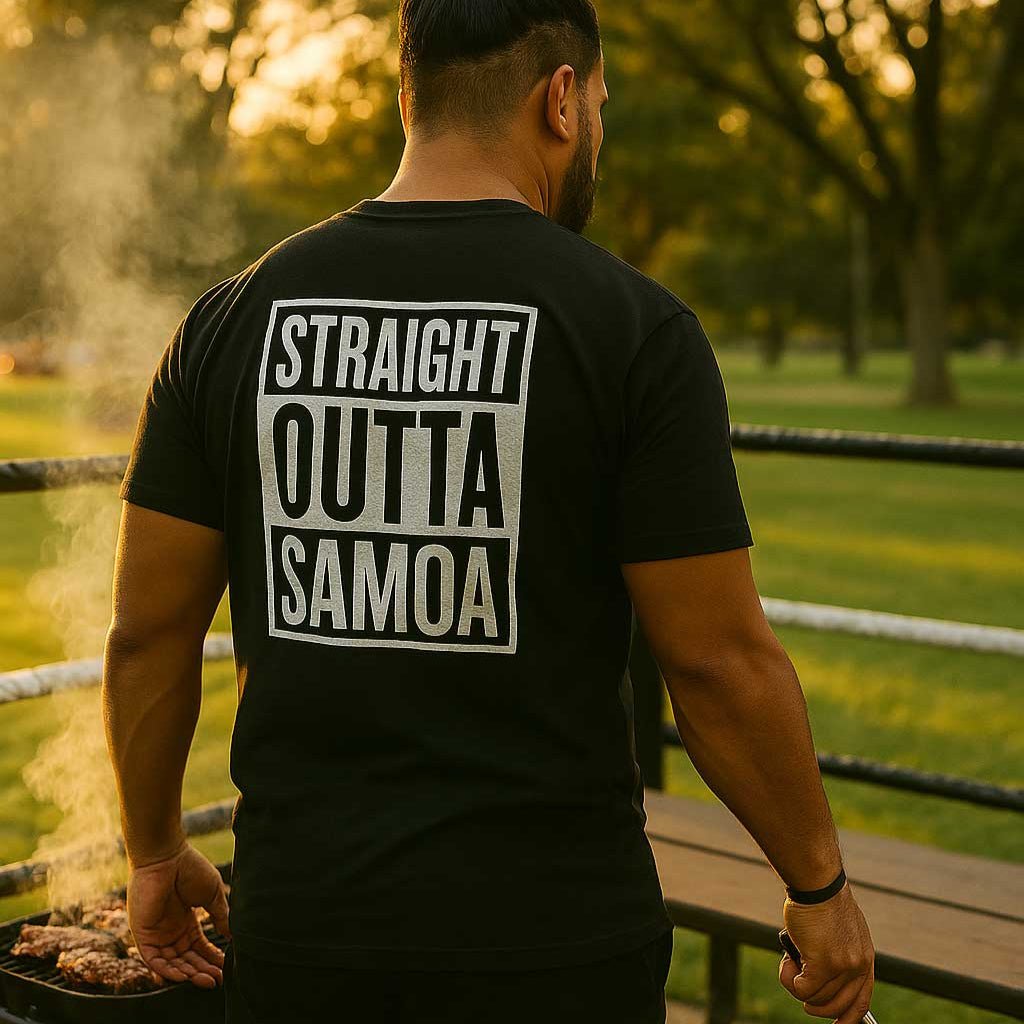Black unisex Heavy Tee by The Print Bar featuring "Straight Outta Samoa" design, showcasing bold graphic print on front.