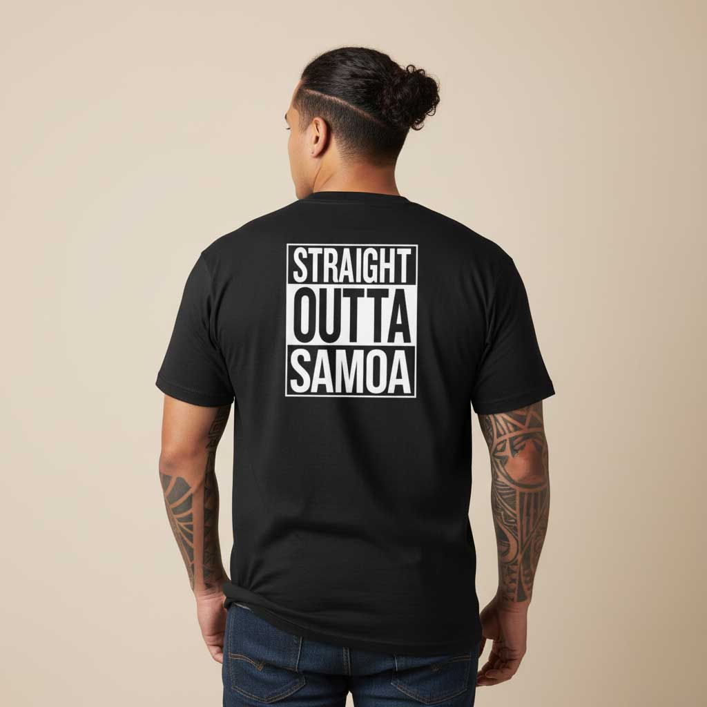 Black unisex heavy T-shirt from The Print Bar featuring "Straight Outta Samoa" graphic design.