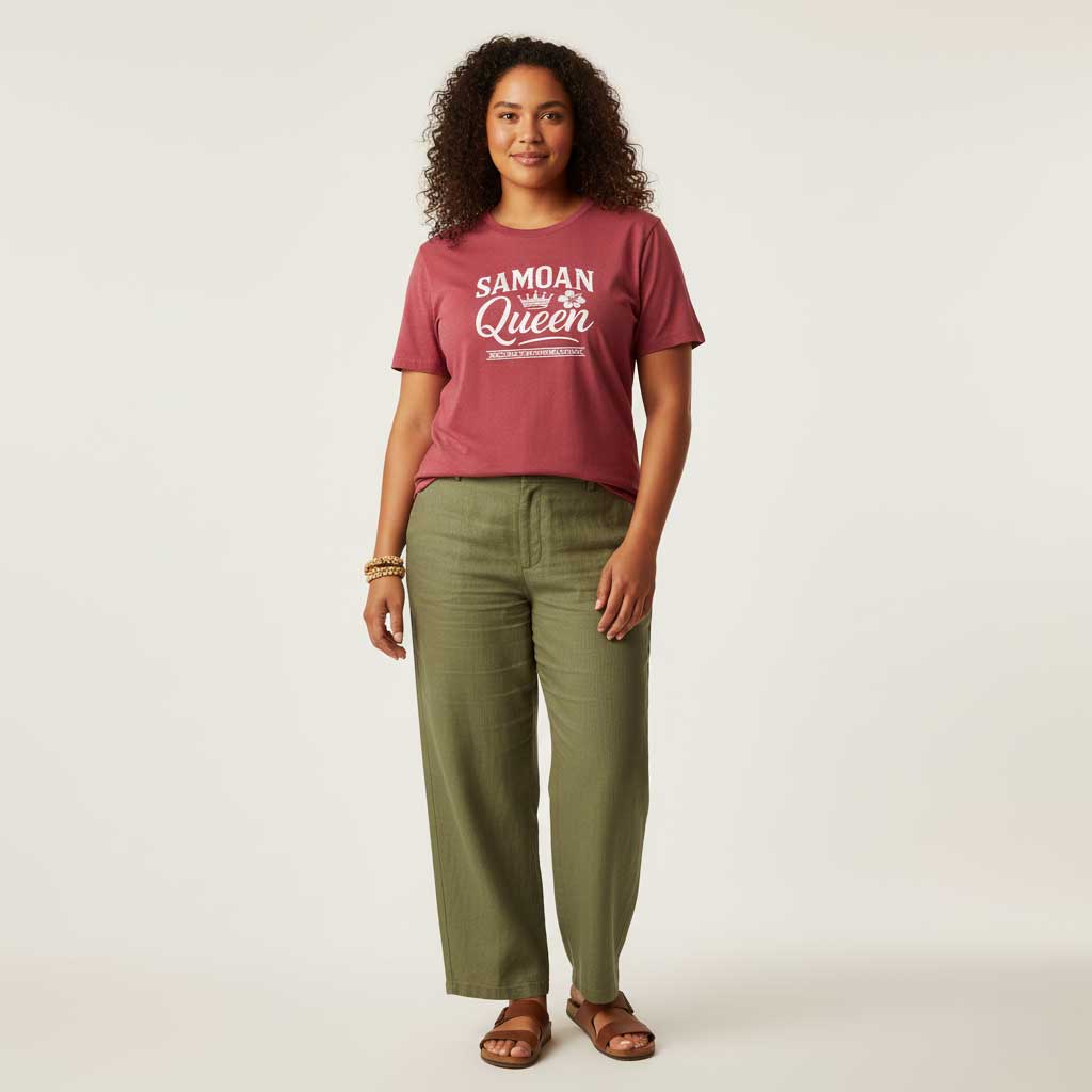 Black unisex Samoan Queen T-shirt from The Print Bar featuring soft fabric and digital design, ideal for casual wear.