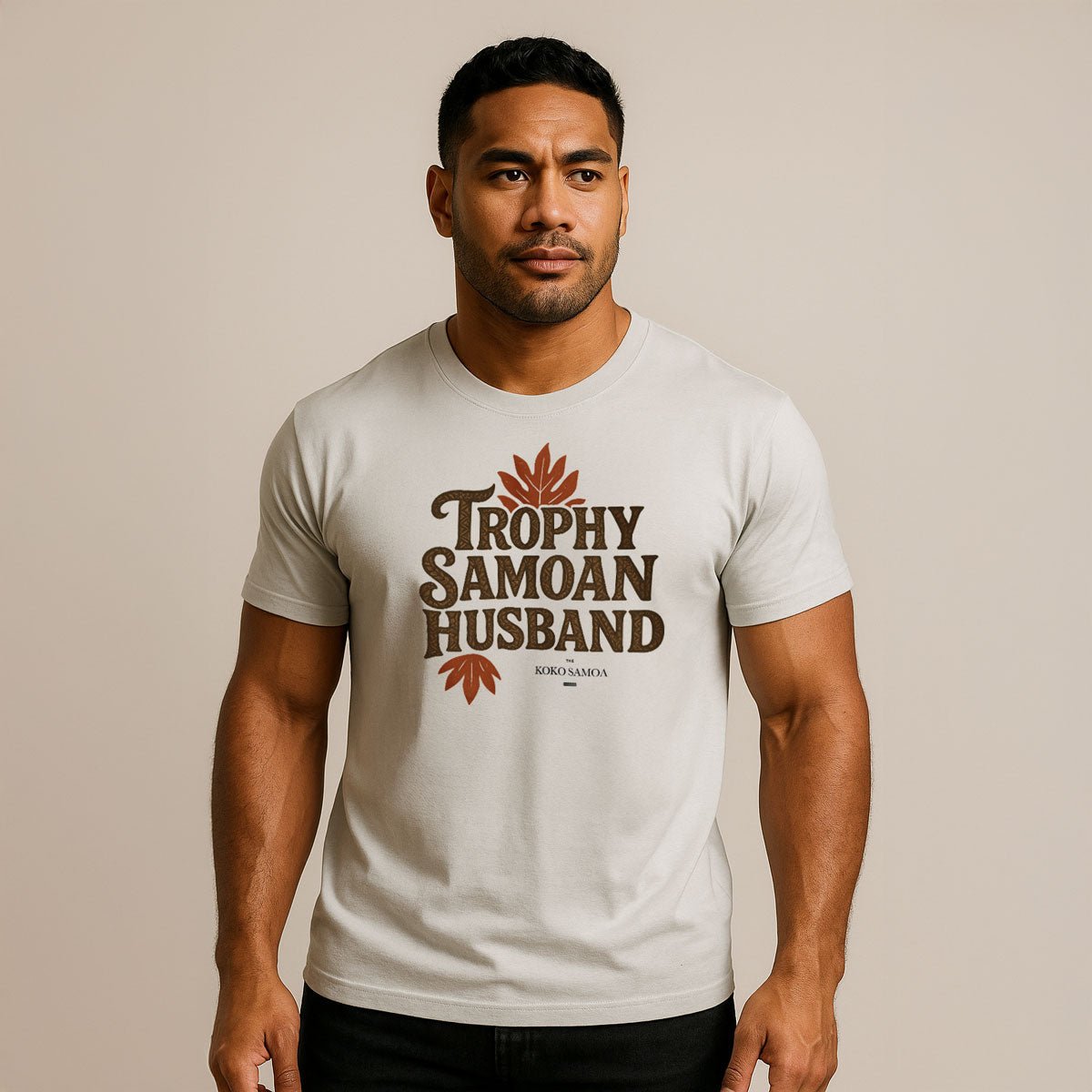Soft men's T-shirt featuring Trophy Samoan Husband design in charcoal, displayed on a mannequin.