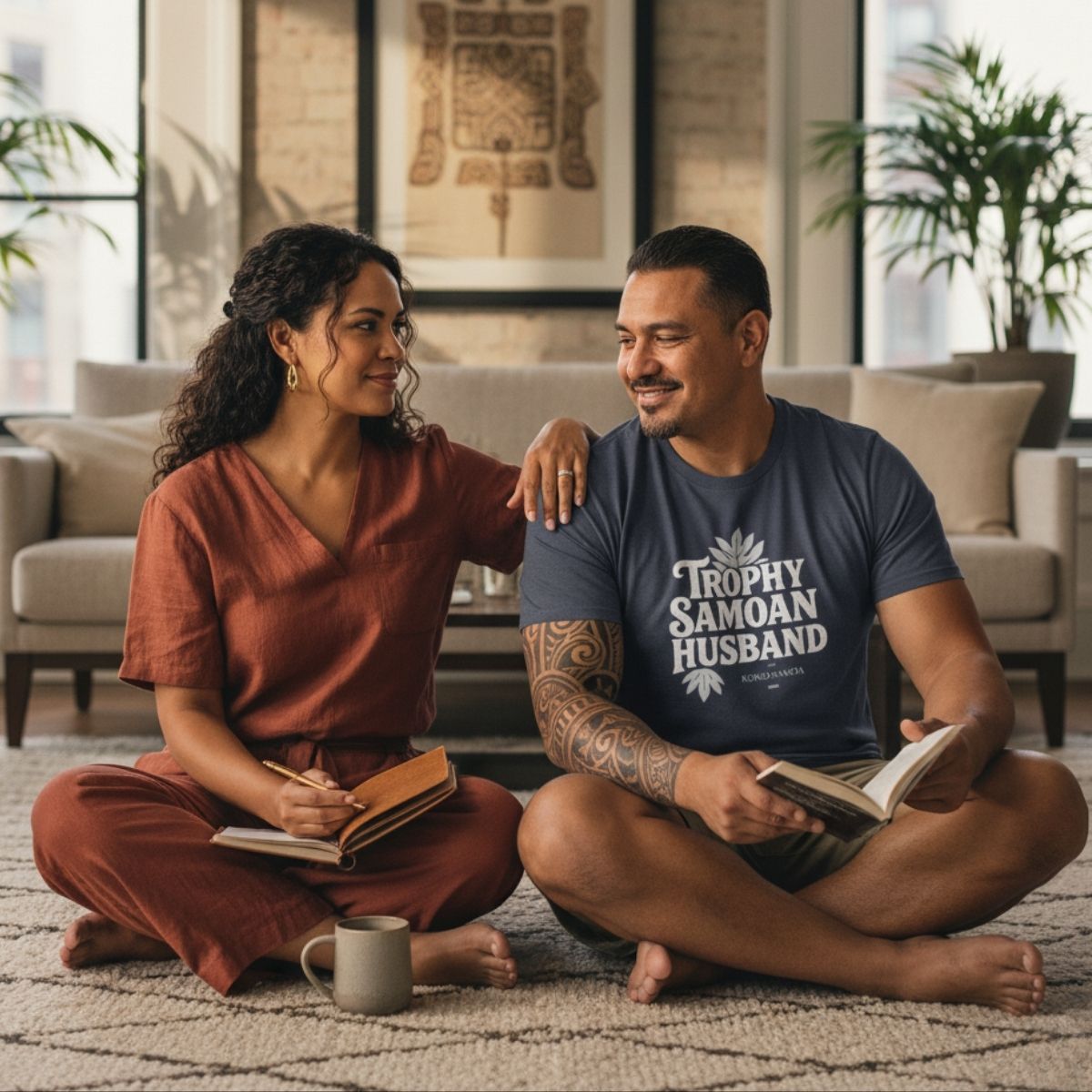 Soft men's T-shirt featuring a Trophy Samoan Husband design in charcoal,.
