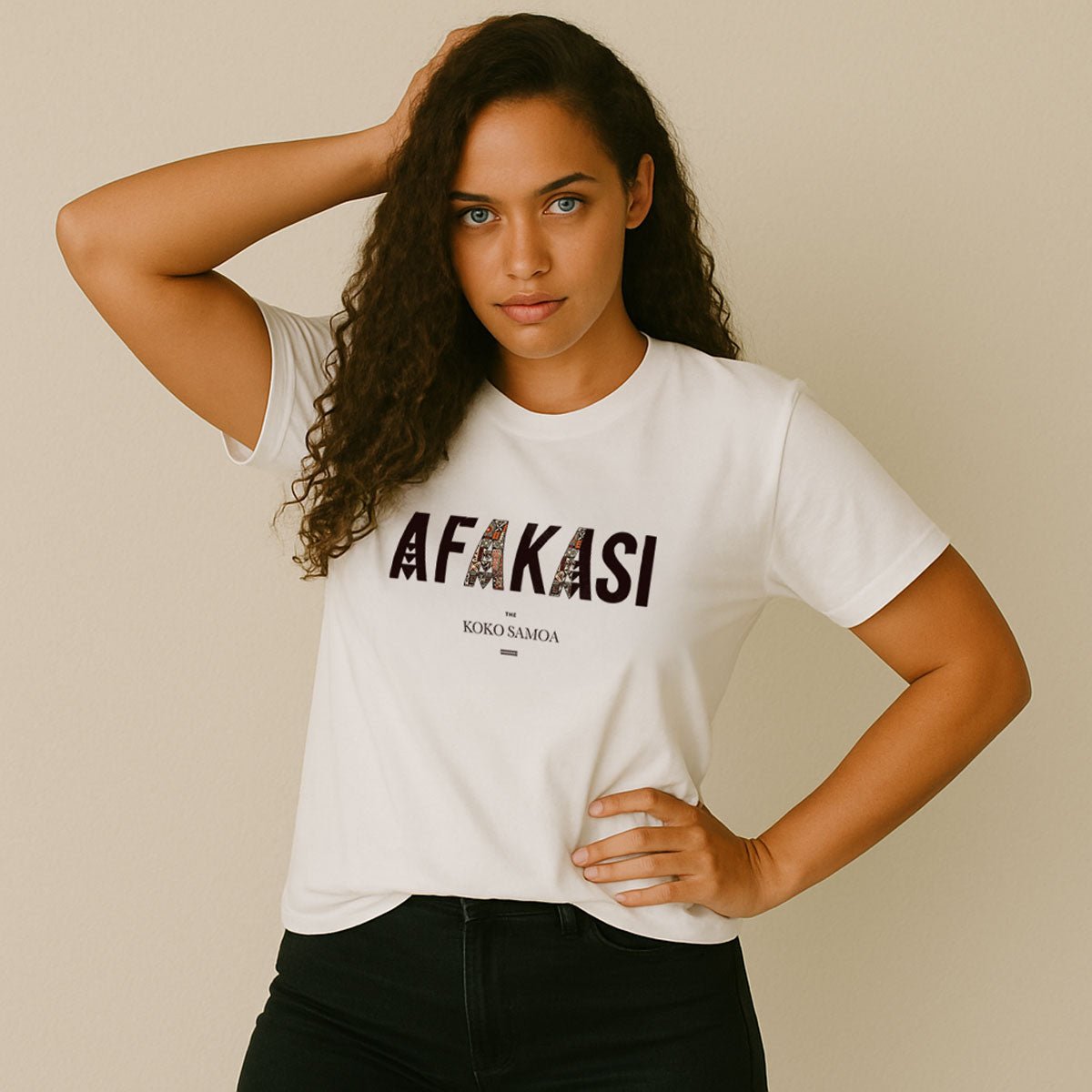 White unisex T-shirt featuring a monster digital print with "Afakasi" design, soft cotton fabric for comfort.