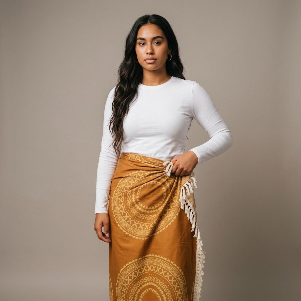 Golden sun-patterned MWW on Demand multipurpose lavalava featuring vibrant tropical design, ideal for versatile wear.