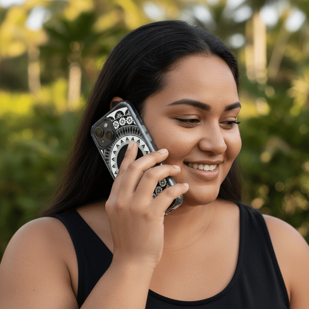 PasifikaOne MagSafe clear case for iPhone with Fiji design, featuring vibrant island motifs and durable protection.