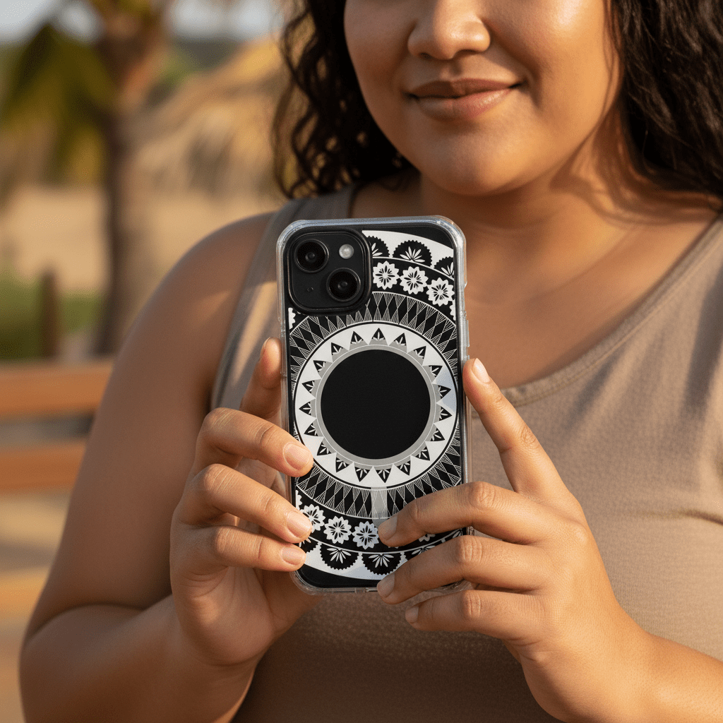 PasifikaOne MagSafe clear case for iPhone featuring Fiji design, transparent with Pacific island artwork.