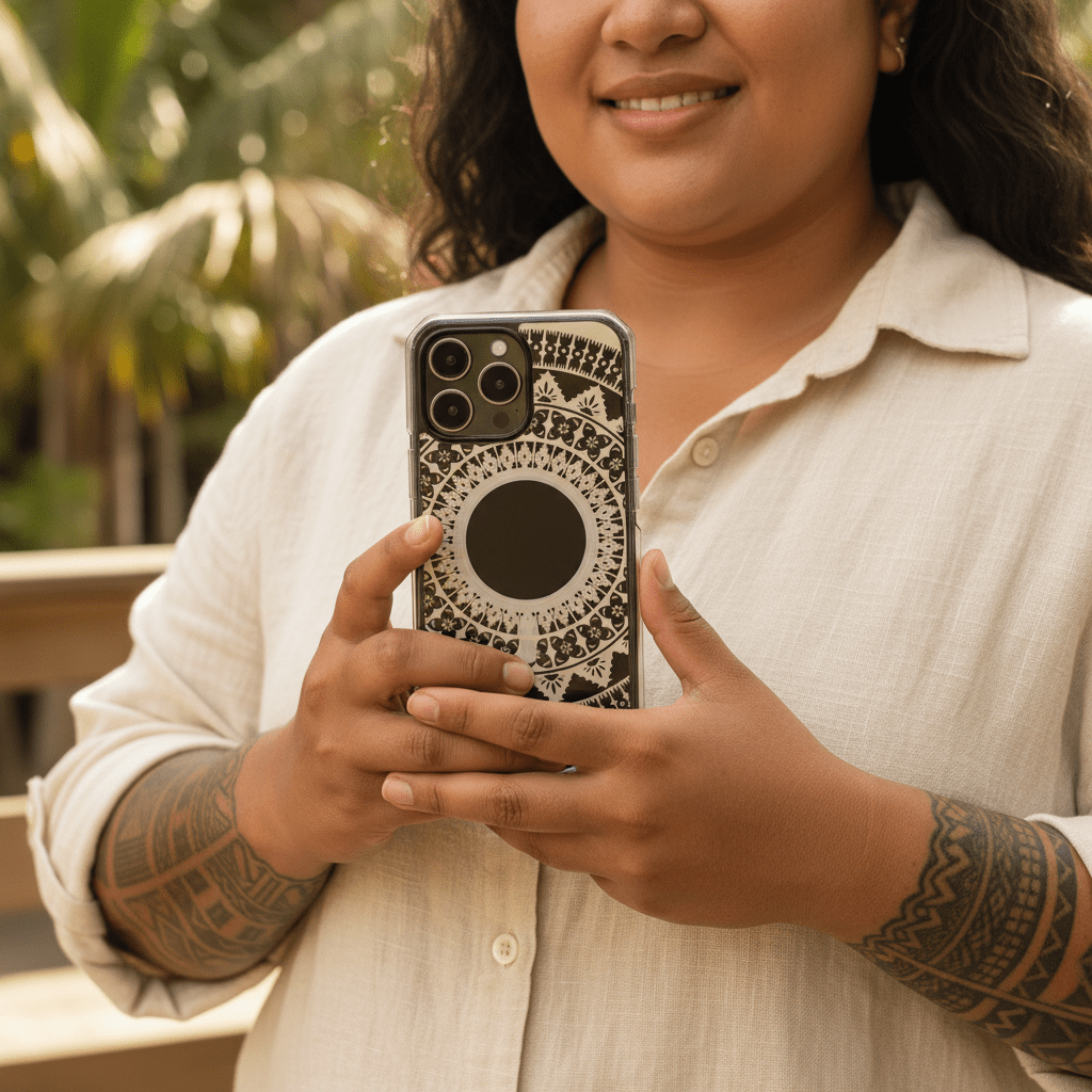 WOYC PasifikaOne MagSafe clear iPhone case with Fiji Reversed design, showcasing vibrant island-inspired artwork on transparent material.