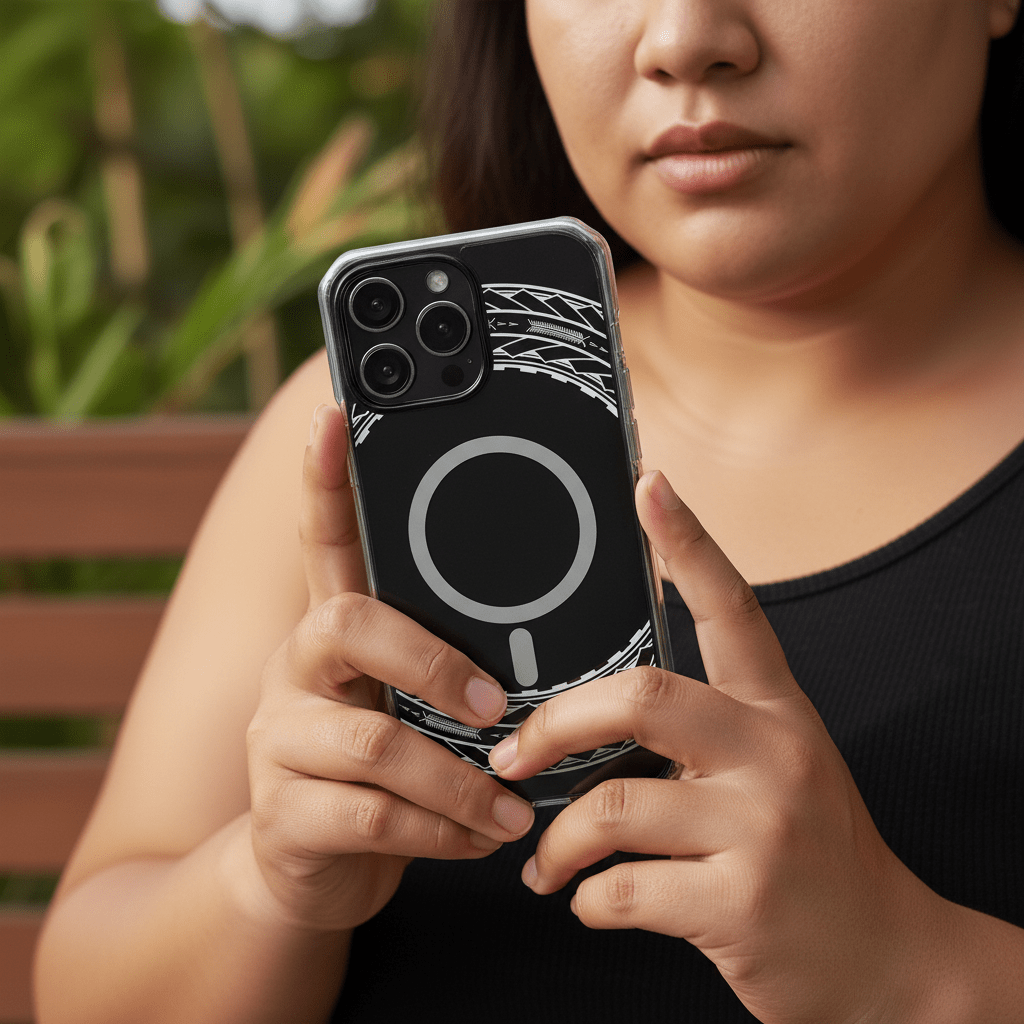 WOYC PasifikaOne MagSafe clear iPhone case with Samoan arrows design, showcasing a sleek, transparent protective cover.