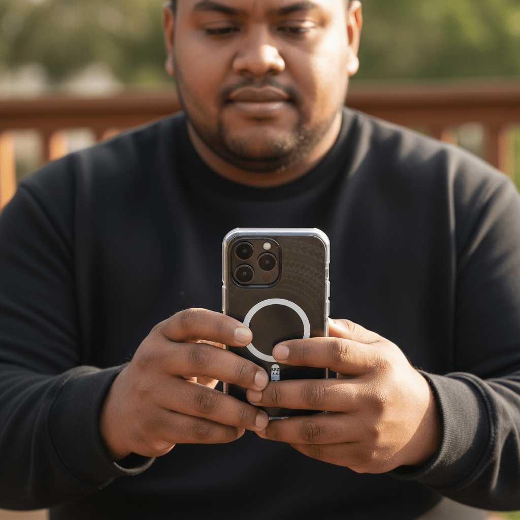 PasifikaOne MagSafe clear case for iPhone featuring Samoan black design, transparent protection, and magnetic compatibility.