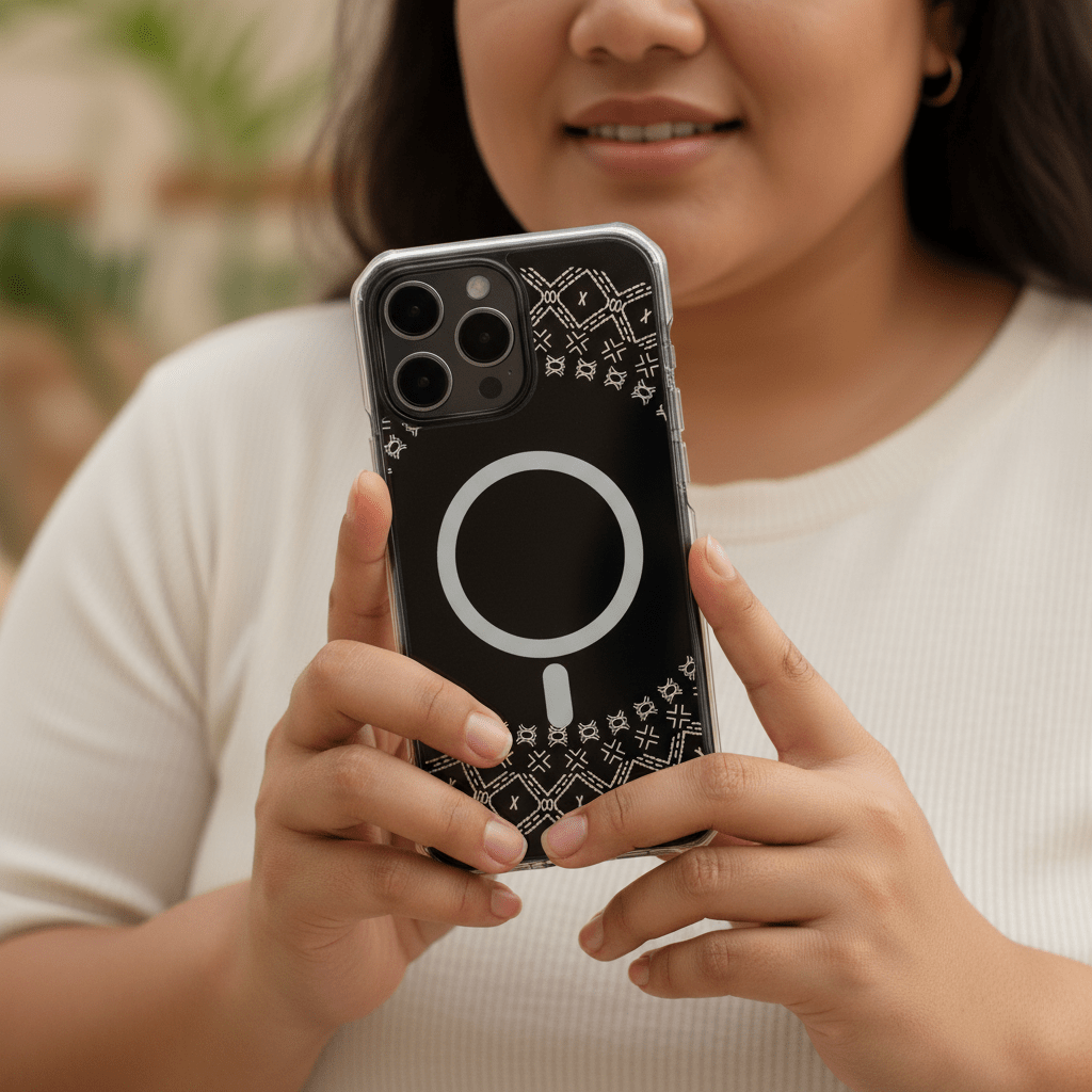 WOYC PasifikaOne MagSafe iPhone clear case featuring Samoan Malu design, transparent protective cover for iPhone models.