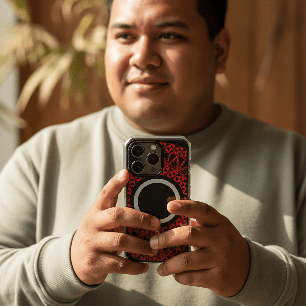PasifikaOne MagSafe iPhone clear case with Tongan Redleaf design, showcasing a transparent protective cover with vibrant Polynesian patterns.