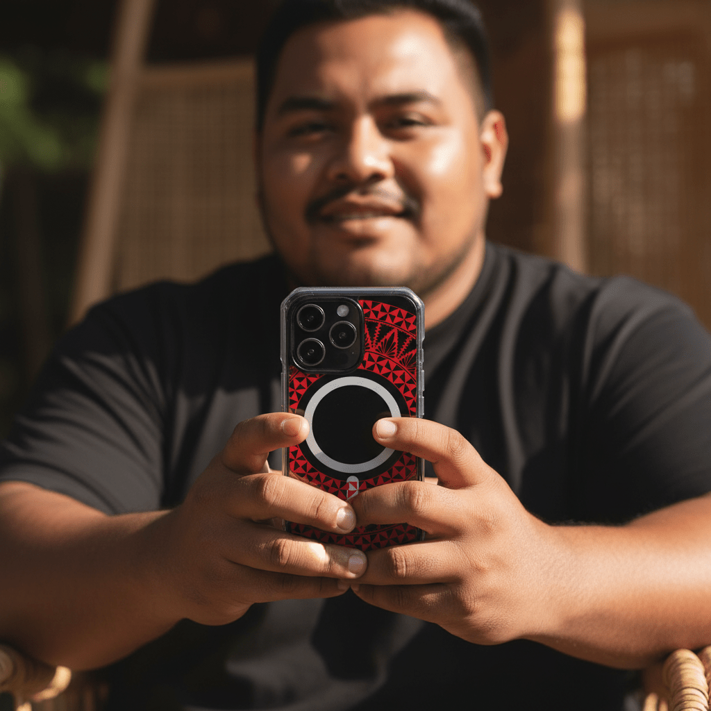 PasifikaOne MagSafe clear iPhone case in Tongan Redleaf design, featuring traditional Tongan and Samoan patterns.
