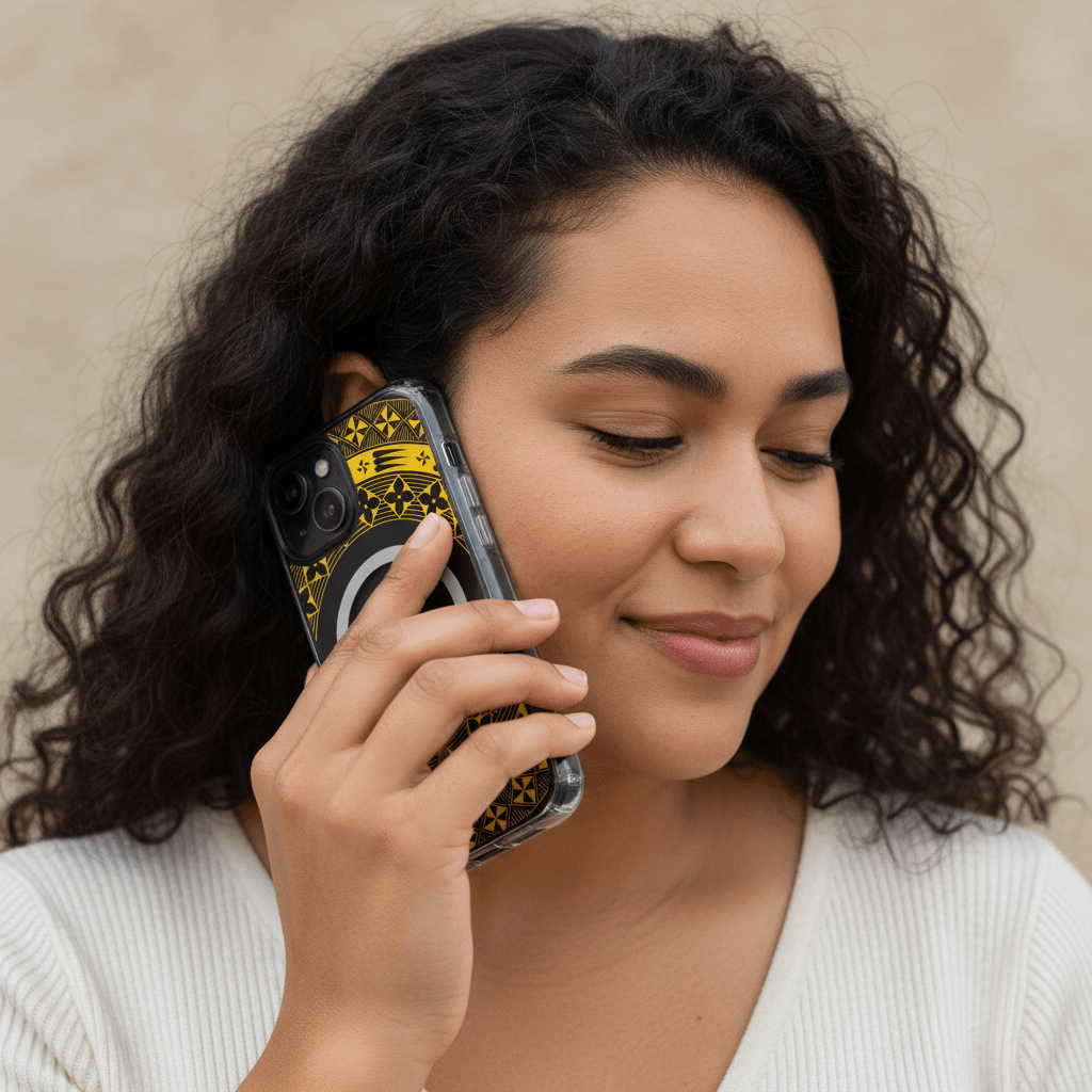 PasifikaOne MagSafe clear case for iPhone in Tongan Yellow, showcasing a vibrant, transparent design with Pacific-inspired accents.