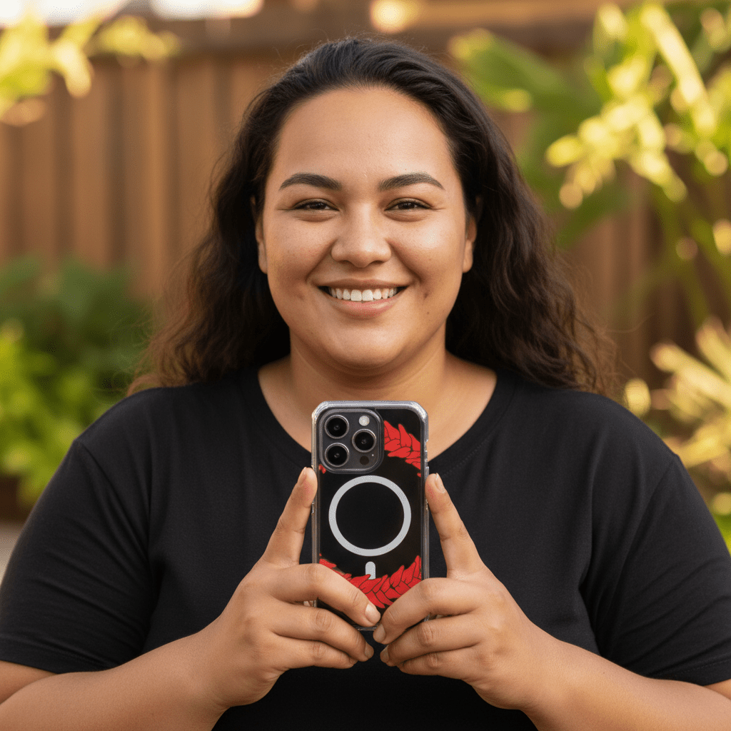 PasifikaOne MagSafe clear phone case with Ula Fala design, showcasing a slim, protective case for iPhone with vibrant Polynesian artwork.
