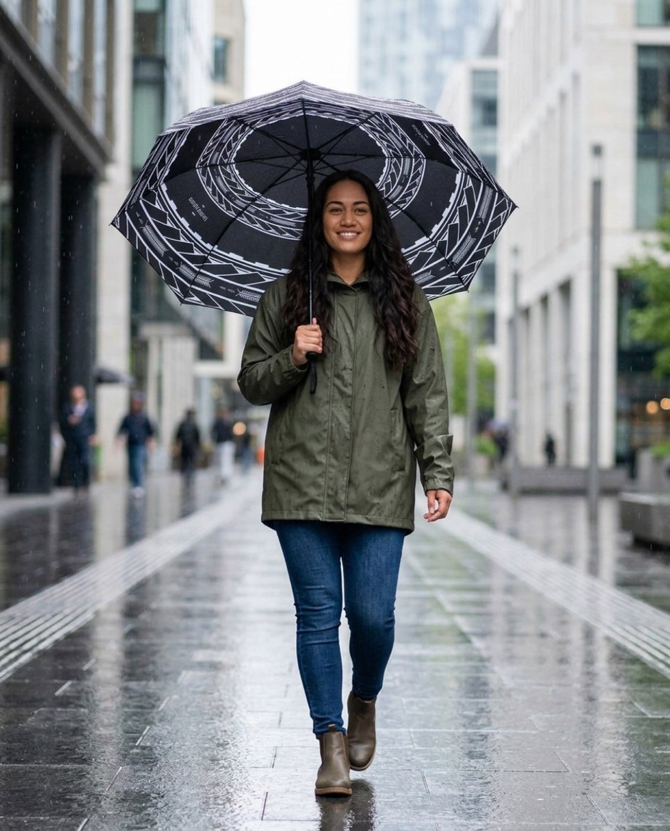 PasifikaOne umbrella with Samoan arrows design, 48-inch size, arts and accessories, featuring vibrant Polynesian artwork.
