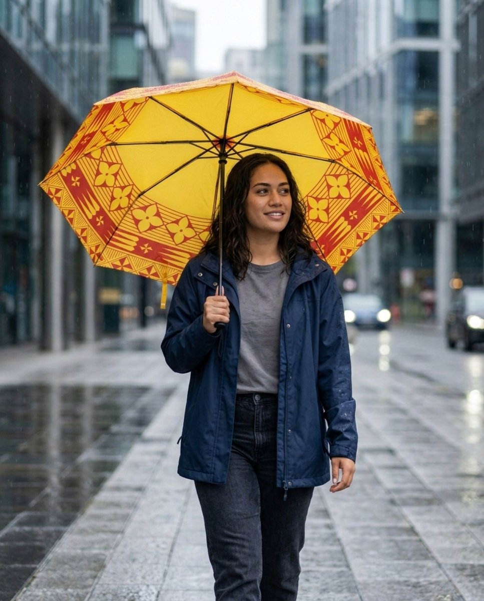 PasifikaOne yellow Tongan umbrella, 48-inch size, featuring vibrant Polynesian-inspired design, suitable for accessories and sun protection.