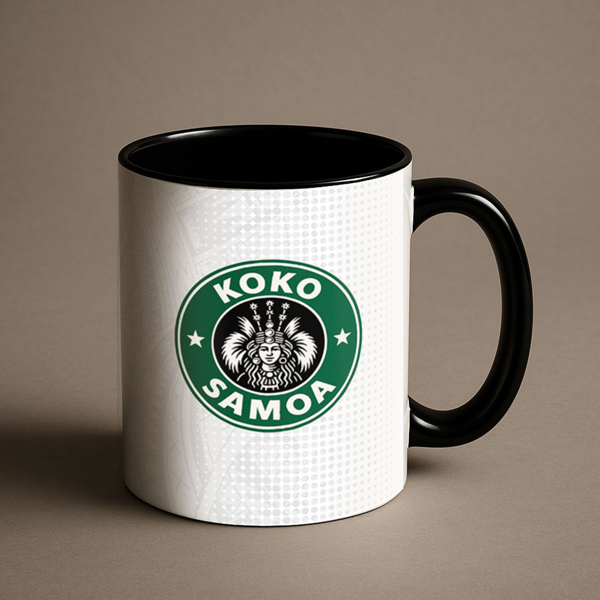 Black LimaLuxe™ 325ml mug featuring Koko Samoa design, Prima Printing brand, shown from a side angle.