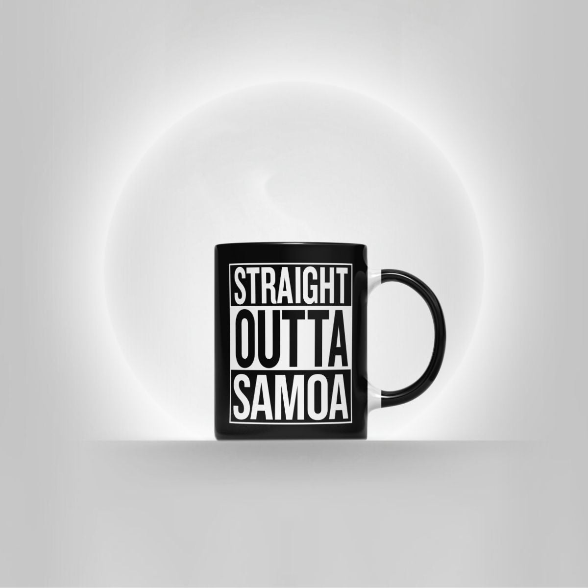 Black LimaLuxe™ 325ml mug with "Straight Outta Samoa" design by Prima Printing, featuring a sleek ceramic finish.