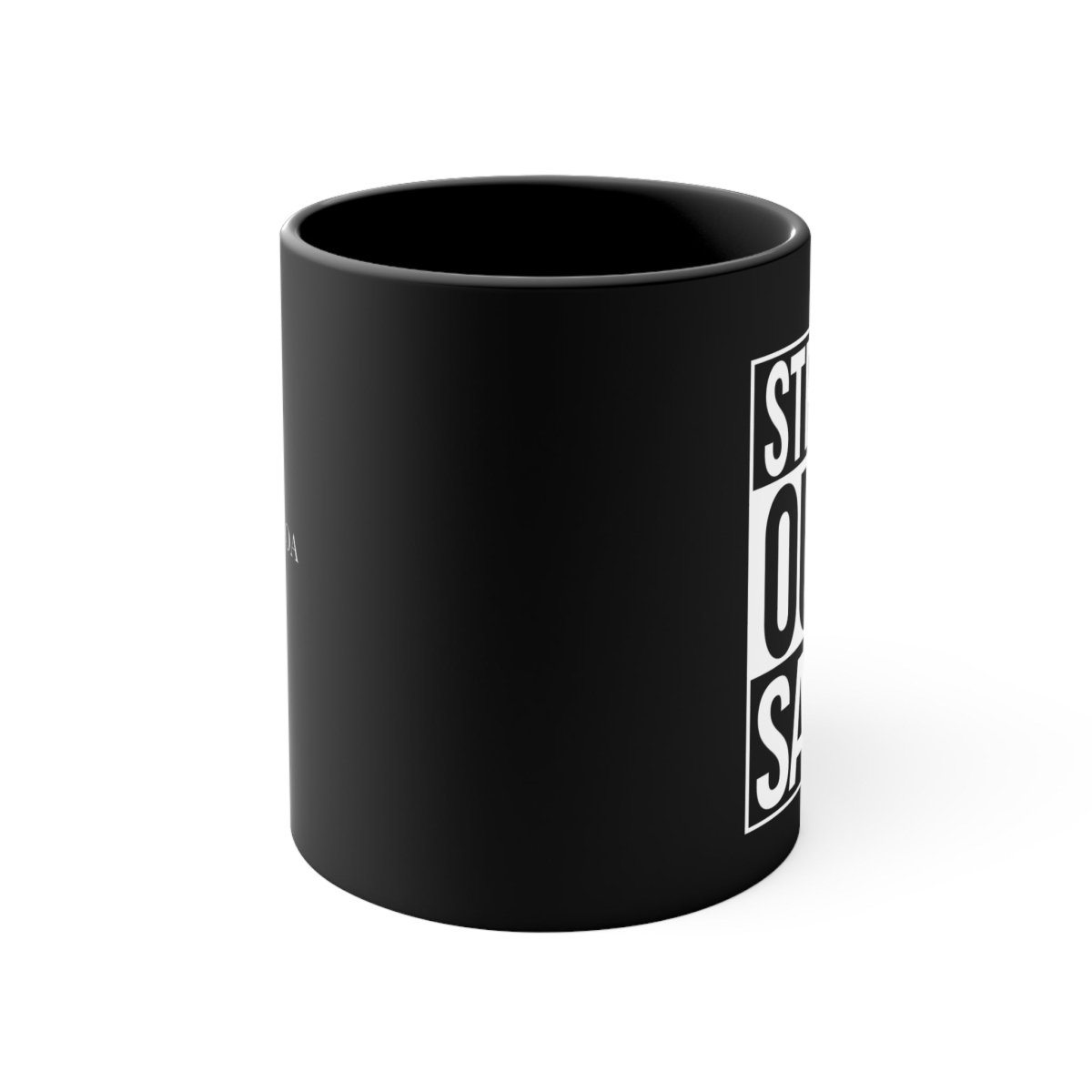 Black LimaLuxe™ 325ml mug from Prima Printing featuring "Straight Outta Samoa" design, ideal for hot beverages.