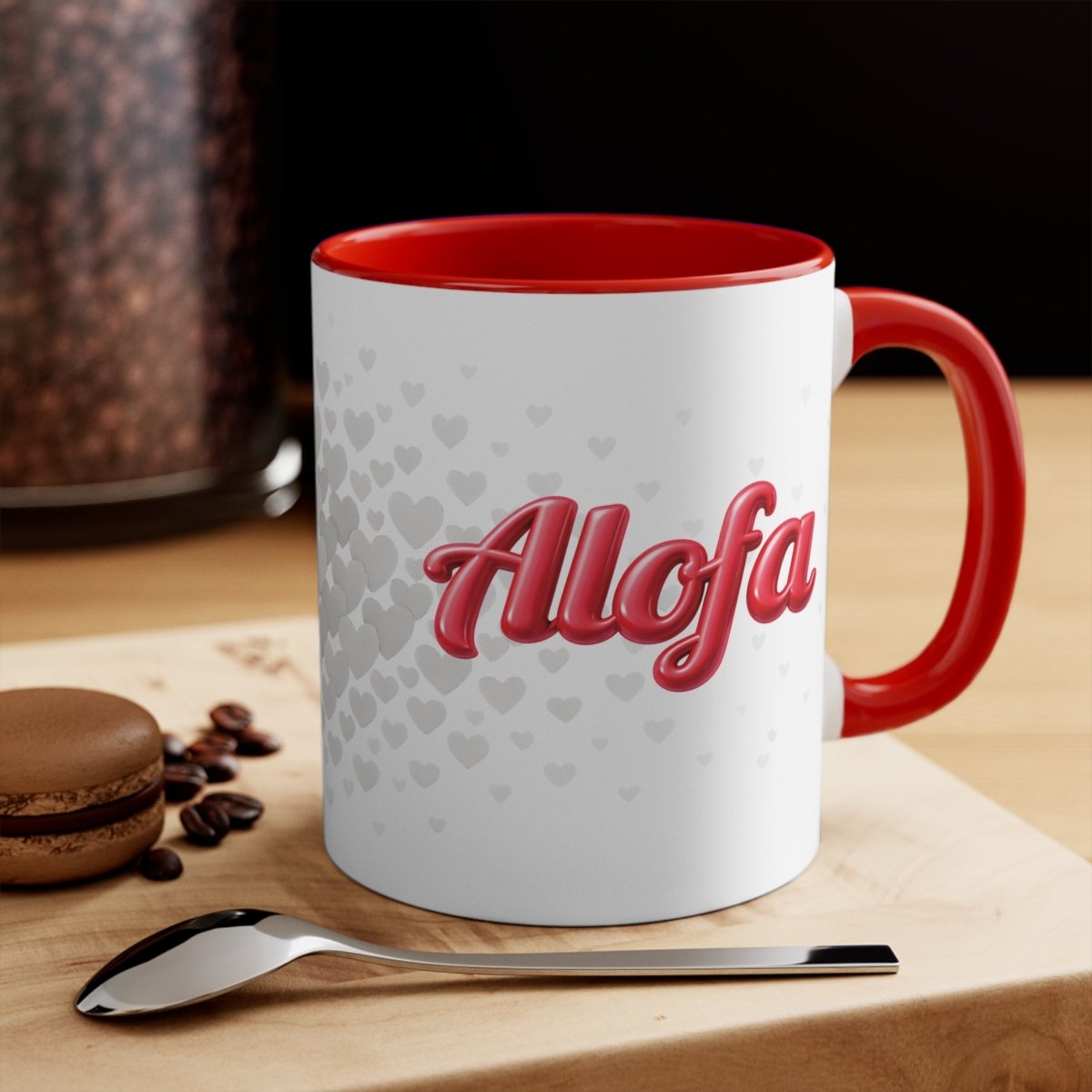 Pink LimaLuxe™ 325ml mug with "Alofa" design by Prima Printing, featuring a comfortable handle and smooth ceramic finish.