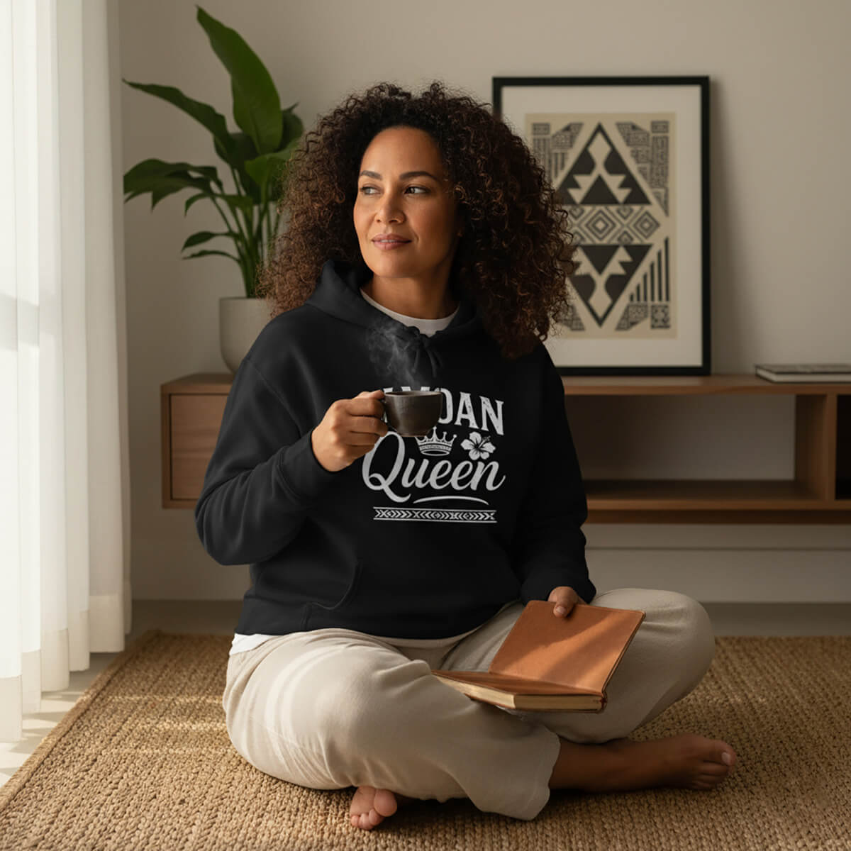 Black IslandSoft™ Hoodie featuring Samoan Queen design, available in XS to XL, casual unisex streetwear.
