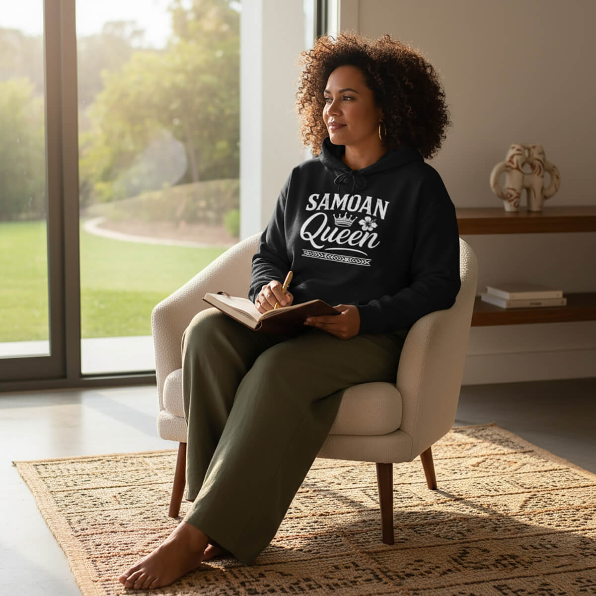 Black IslandSoft™ Hoodie featuring Samoan Queen design, available in XS to XL for a comfortable fit.