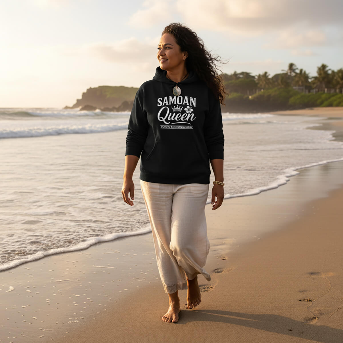 Black IslandSoft™ Premium Hoodie for women featuring Samoan Queen design, available in XS to XL,.