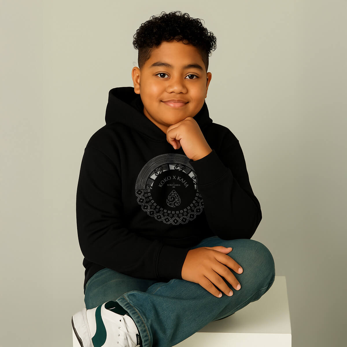Black kids hoodie by Printify featuring PasifikaOne Aotearoa Samoa design, suitable for AU, NZ, and USA sizes.