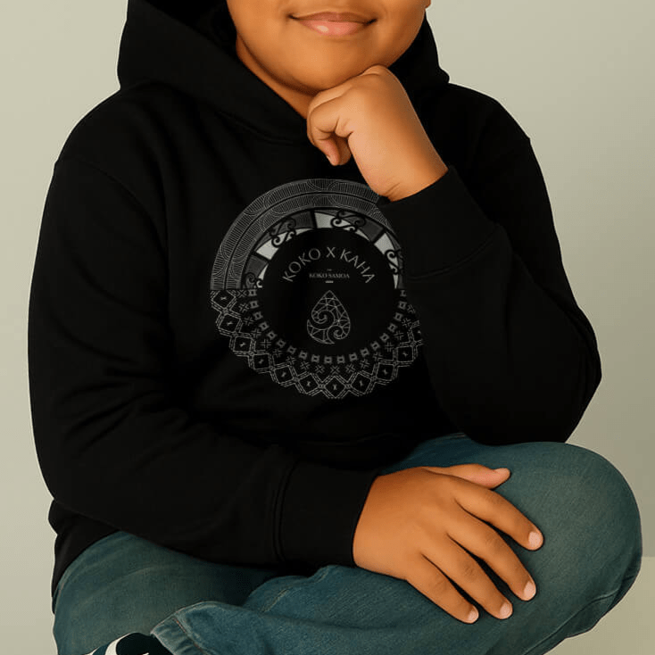 Black kids hoodie by Printify featuring PasifikaOne Aotearoa Samoa design, suitable for AU, NZ, and USA sizes.