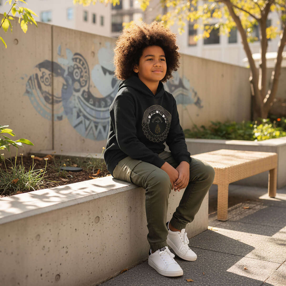 Black kids hoodie from PasifikaOne Aotearoa Samoa brand, featuring Polynesian-inspired design, by Printify.
