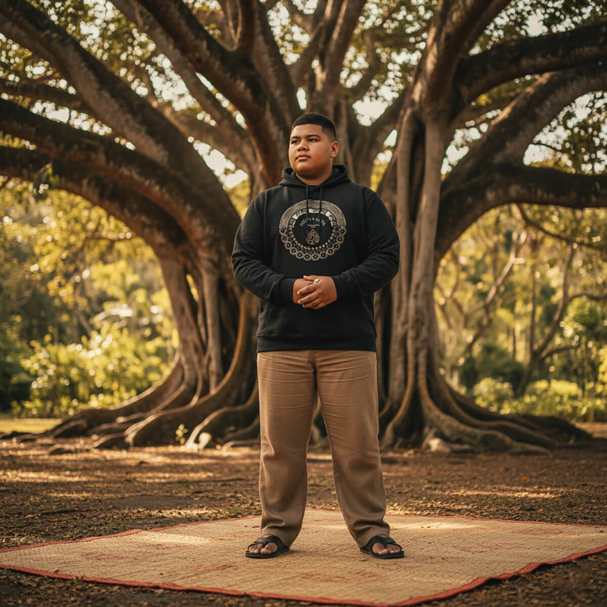 Black kids hoodie by Printify featuring PasifikaOne Aotearoa Samoa design, suitable for AU, NZ, and USA sizes.