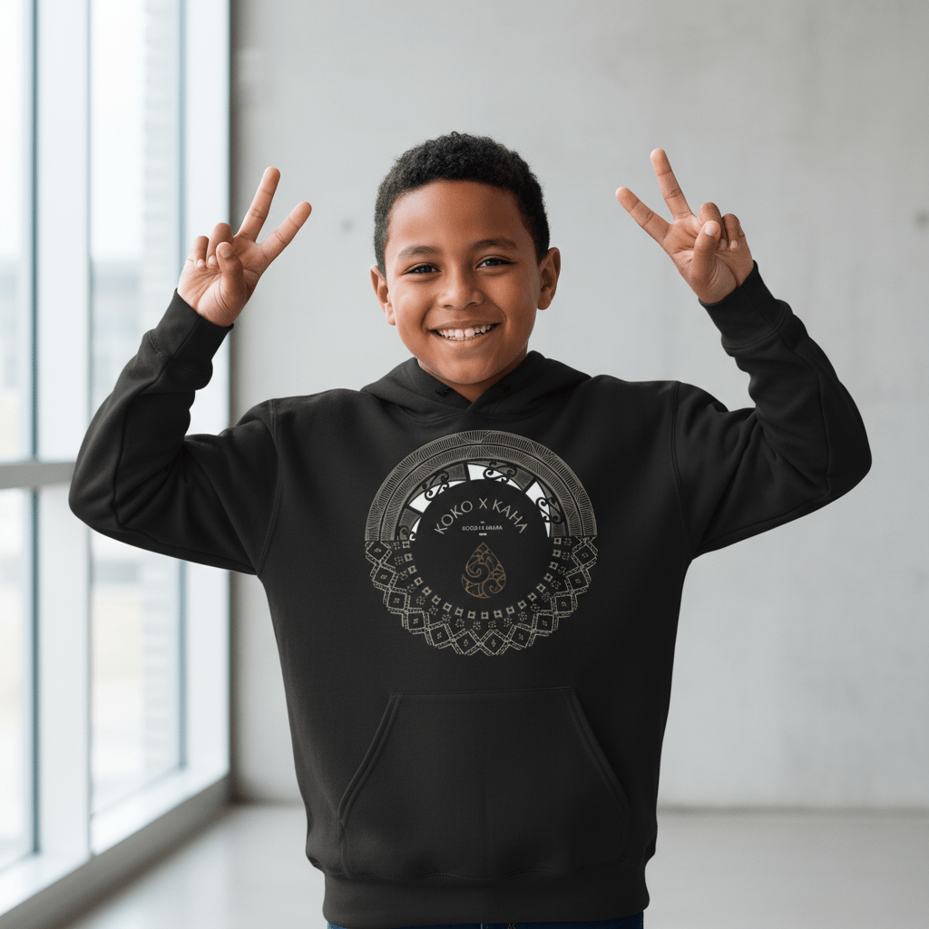 Black kids hoodie by Printify featuring PasifikaOne Aotearoa Samoa design, suitable for AU, NZ, and USA sizes.