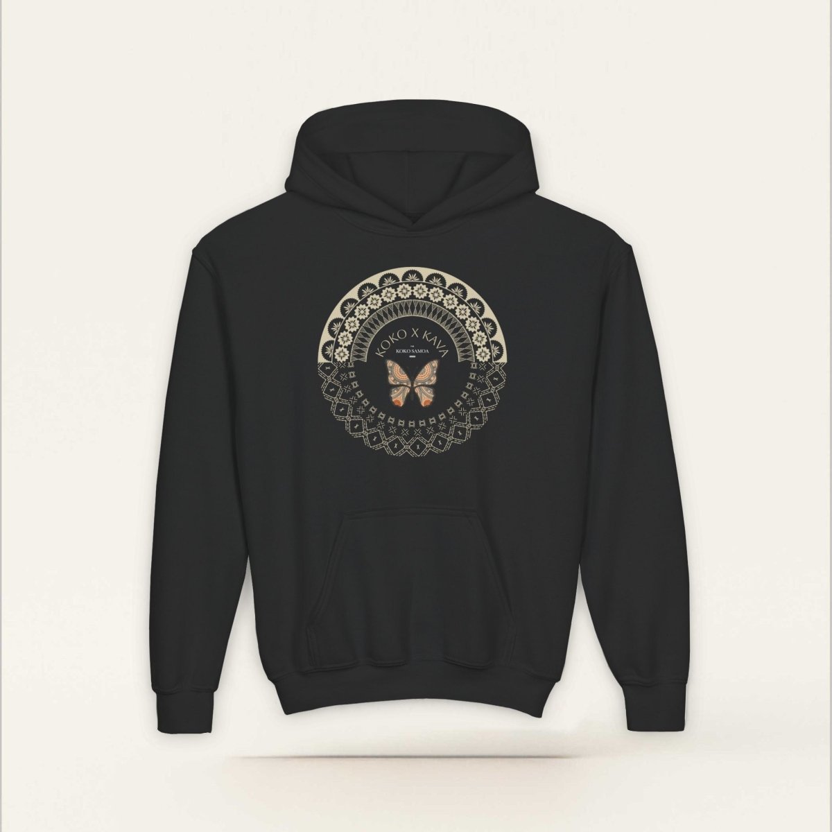 Black kids hoodie with PasifikaOne Fiji Samoa logo, featuring vibrant Polynesian-inspired design, by Printify.