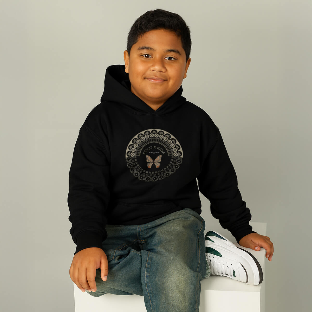 Black kids hoodie from Printify featuring PasifikaOne Fiji Samoa design, perfect for kids in AU, NZ, and USA.