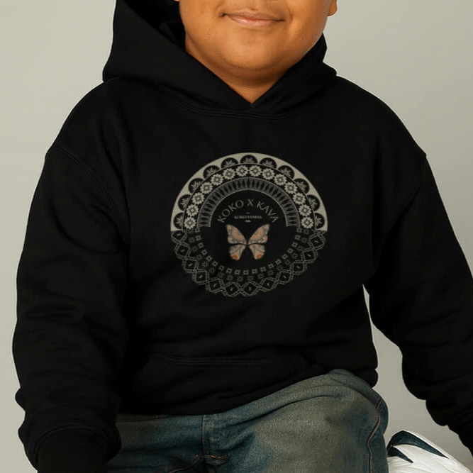 Black kids hoodie by Printify featuring PasifikaOne Fiji Samoa design, suitable for AU, NZ, and US sizes.