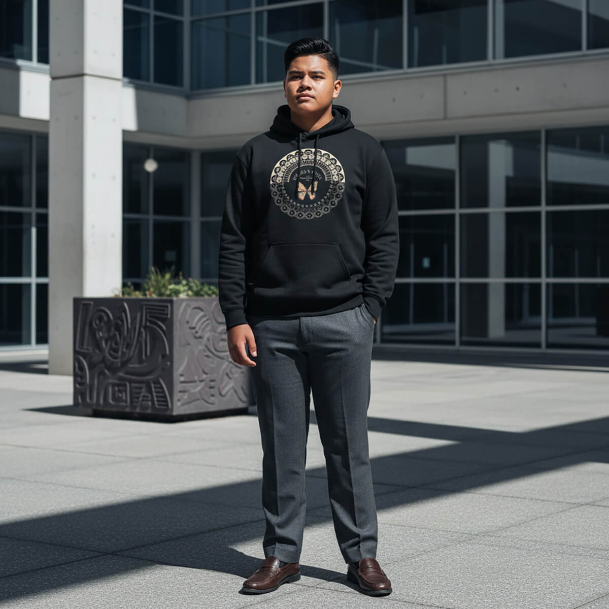 Black kids hoodie by Printify featuring PasifikaOne Fiji Samoa design, suitable for AU, NZ, and USA sizes.