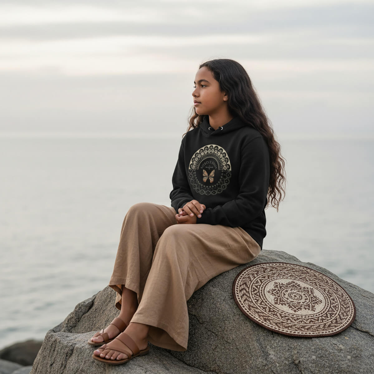 Black kids hoodie by Printify featuring PasifikaOne Fiji Samoa design, suitable for AU, NZ, and US sizes.