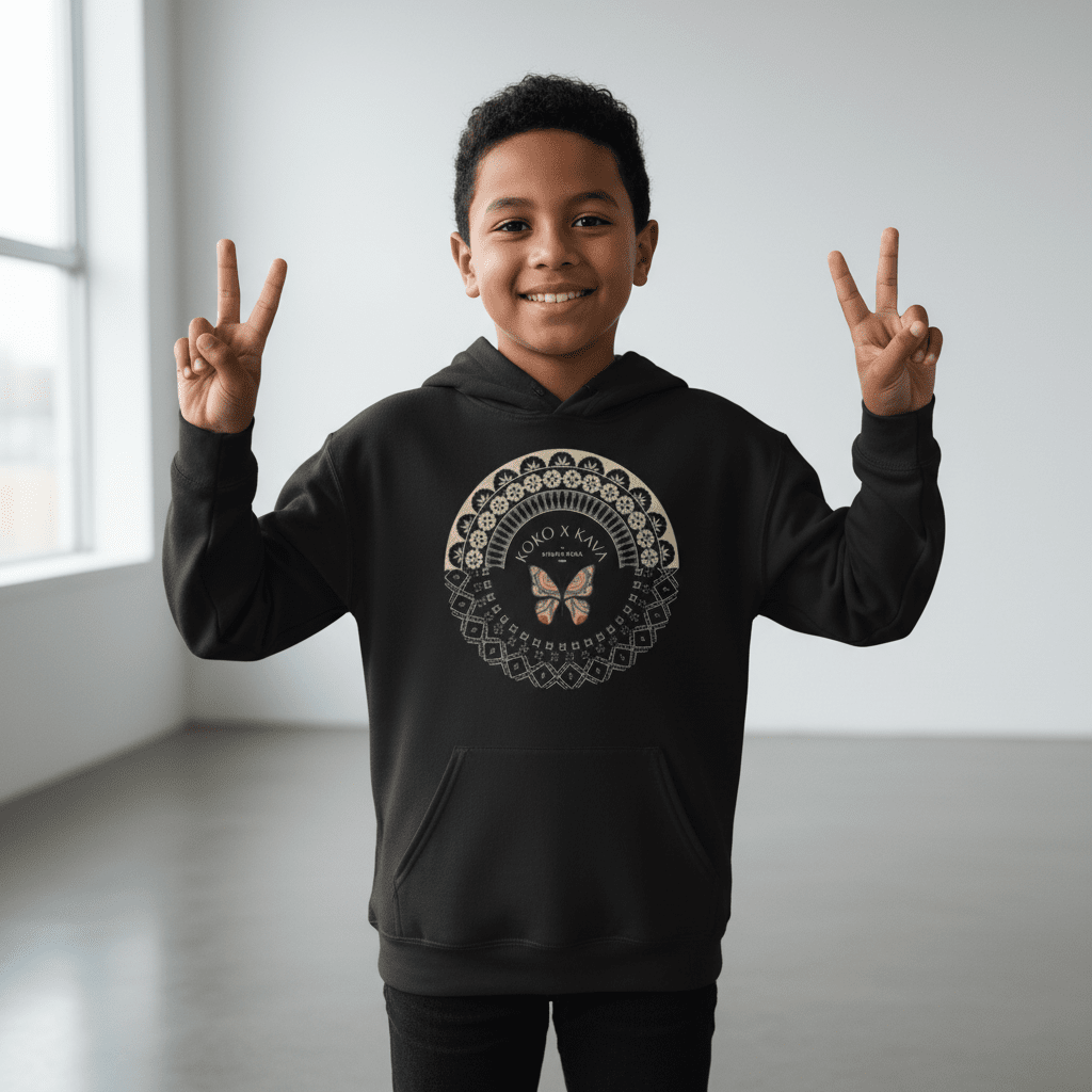 Black kids hoodie from Printify featuring PasifikaOne Fiji Samoa design, suitable for AU, NZ, and USA sizes.