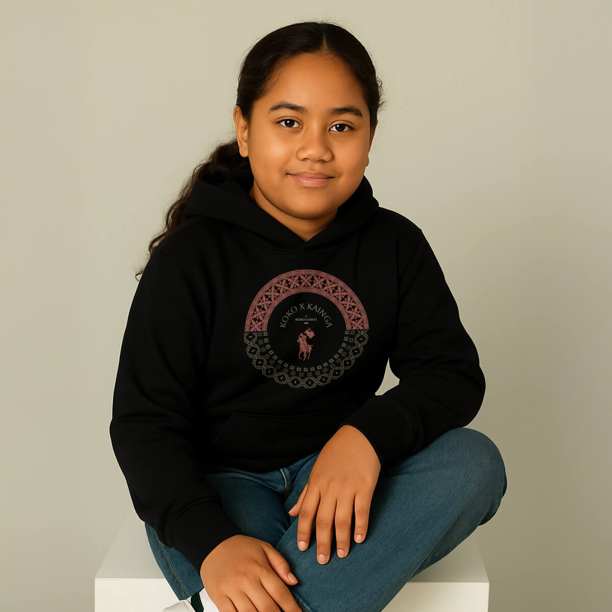 Black kids hoodie by Printify featuring PasifikaOne Tonga Samoa design, suitable for AU, NZ, and USA sizes.