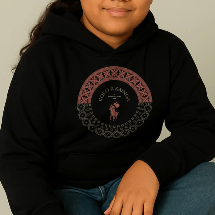 Black kids hoodie by Printify featuring PasifikaOne Tonga Samoa design, suitable for AU, NZ, and US sizes.