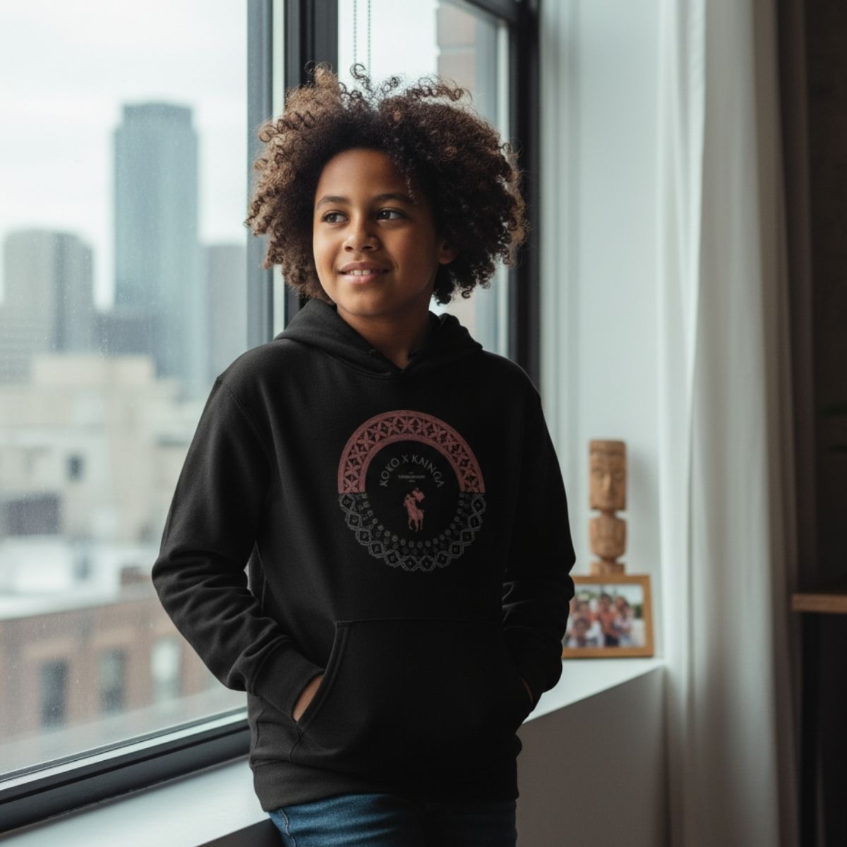 Black kids hoodie by Printify featuring PasifikaOne Tonga Samoa design, suitable for AU, NZ, and USA sizes.