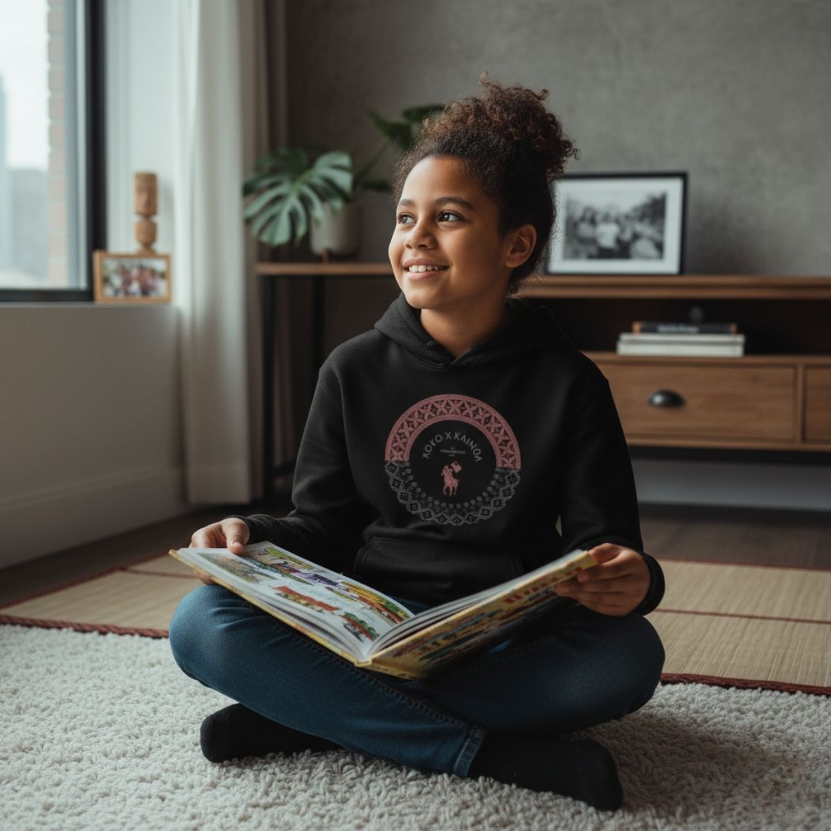 Black kids hoodie by Printify with PasifikaOne Tonga Samoa design, featuring colorful Polynesian patterns for children.