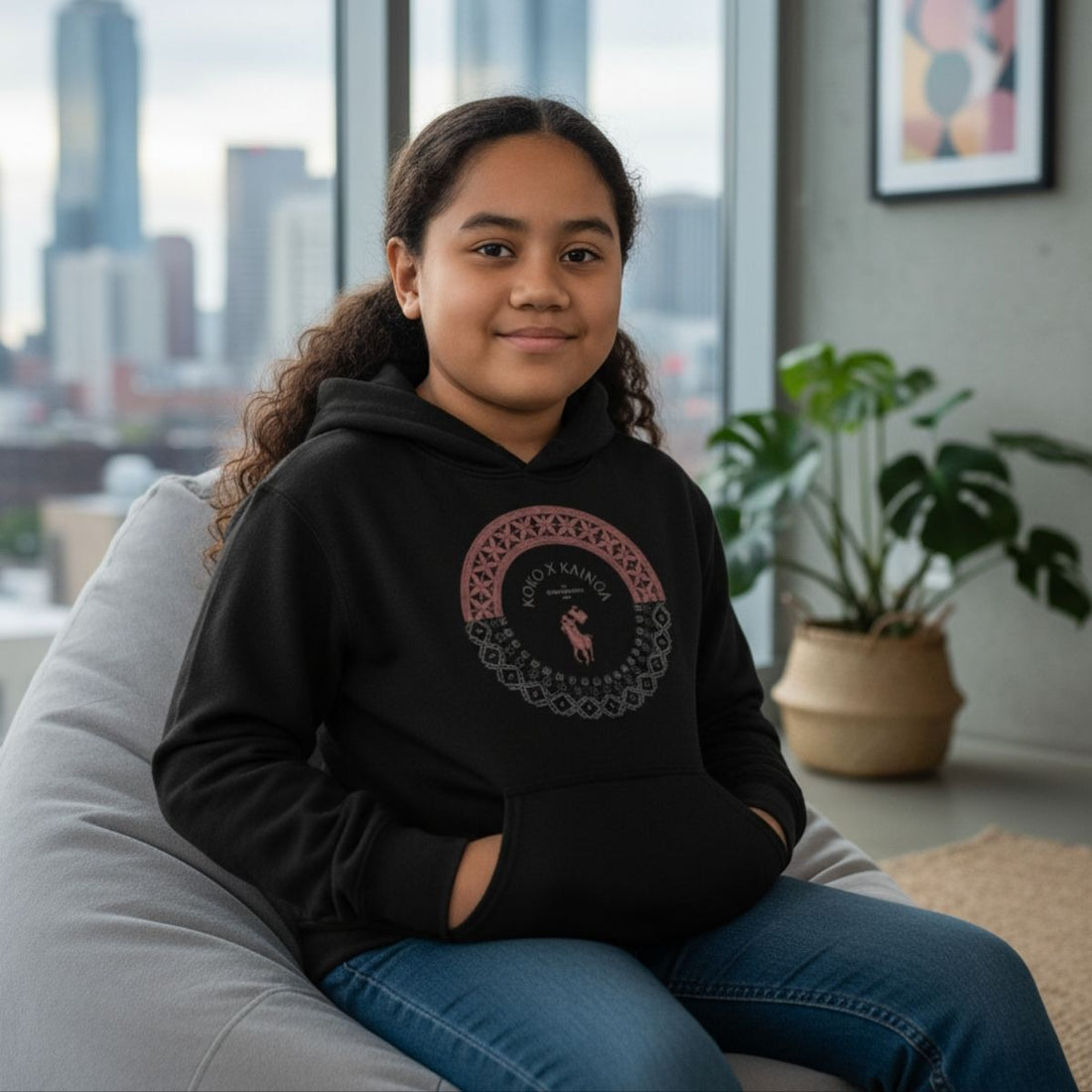 Black kids hoodie from Printify featuring PasifikaOne Tonga Samoa design, suitable for AU, NZ, and US sizes.