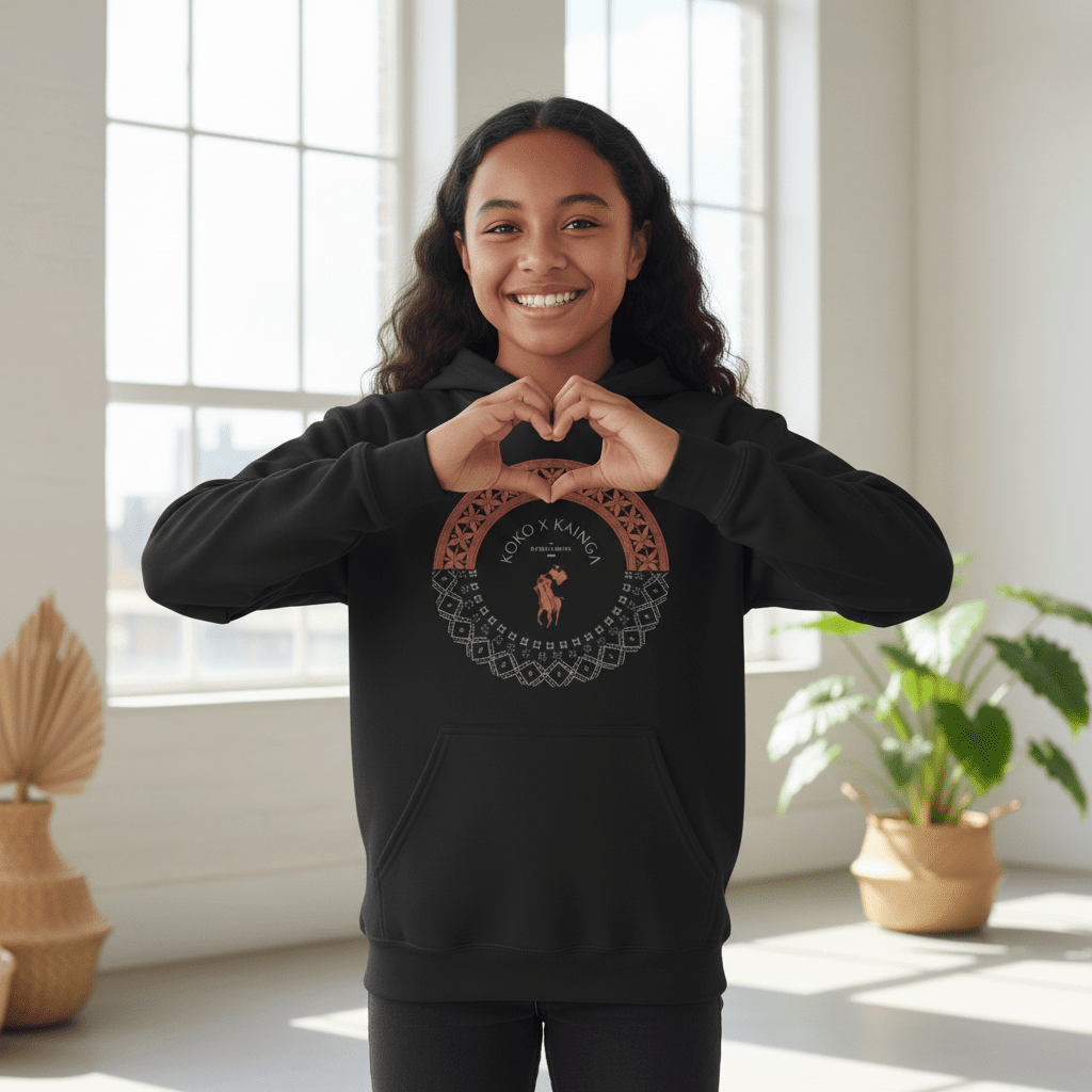 Black kids hoodie by Printify featuring PasifikaOne Tonga Samoa design, perfect for kids in AU, NZ, and USA.